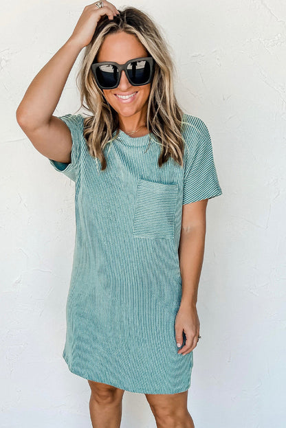 Striped Ribbed Knit T-Shirt Shift Dress | Blue