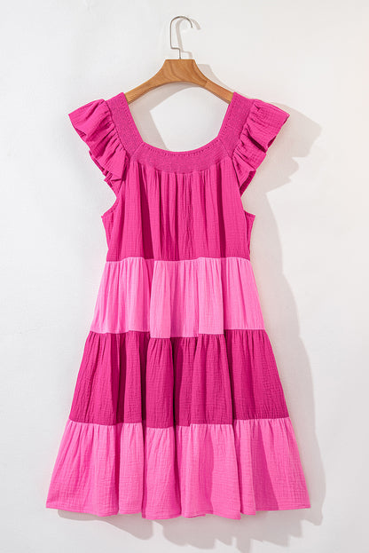 Crinkled Colourblock Patchwork Flutter Tiered Mini Dress | Pink