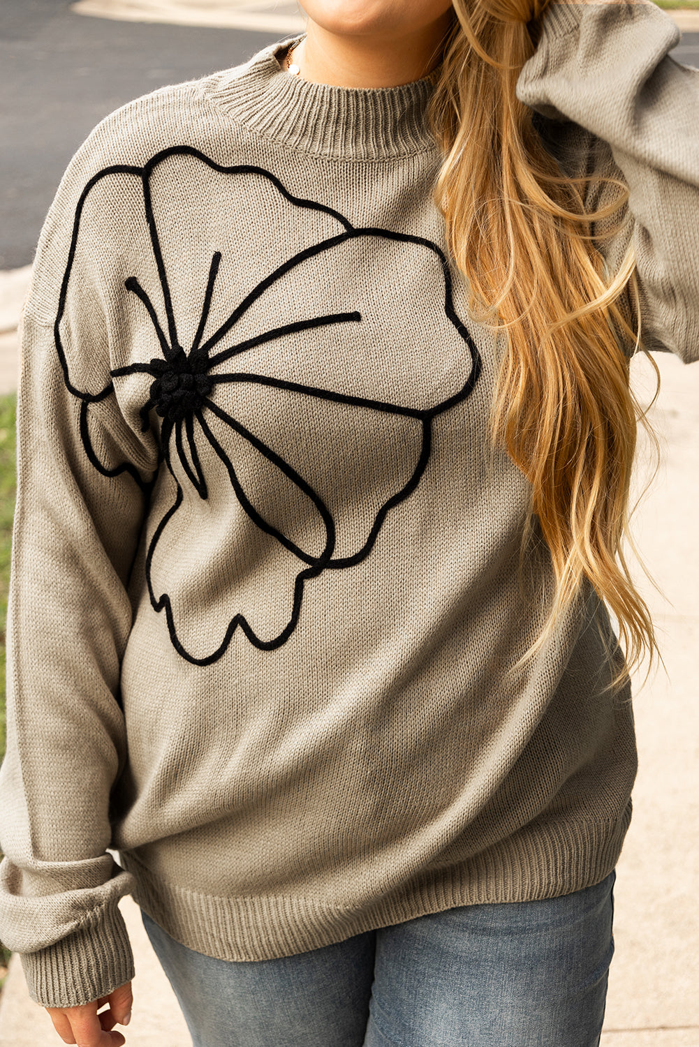 Plus Size Big Flower Pattern High Neck Drop Shoulder Sweater | Dark Khaki