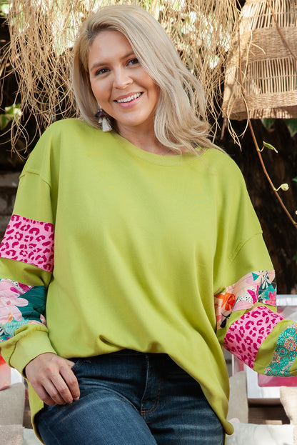 Plus Size Printed Patchwork Sleeve Split Sweatshirt | Green