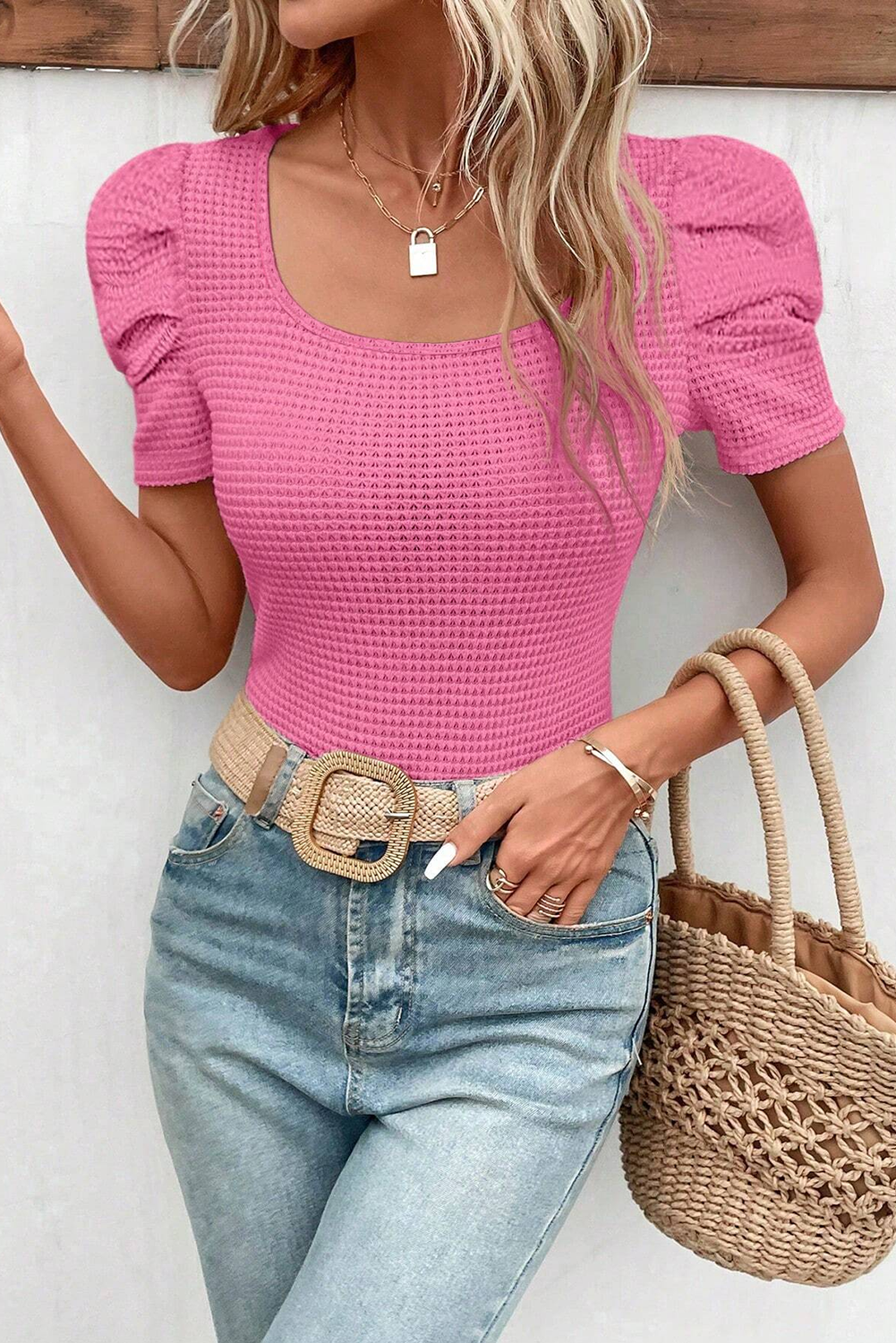 Waffle Knit Ruched Puff Sleeve Top | Bright Pink