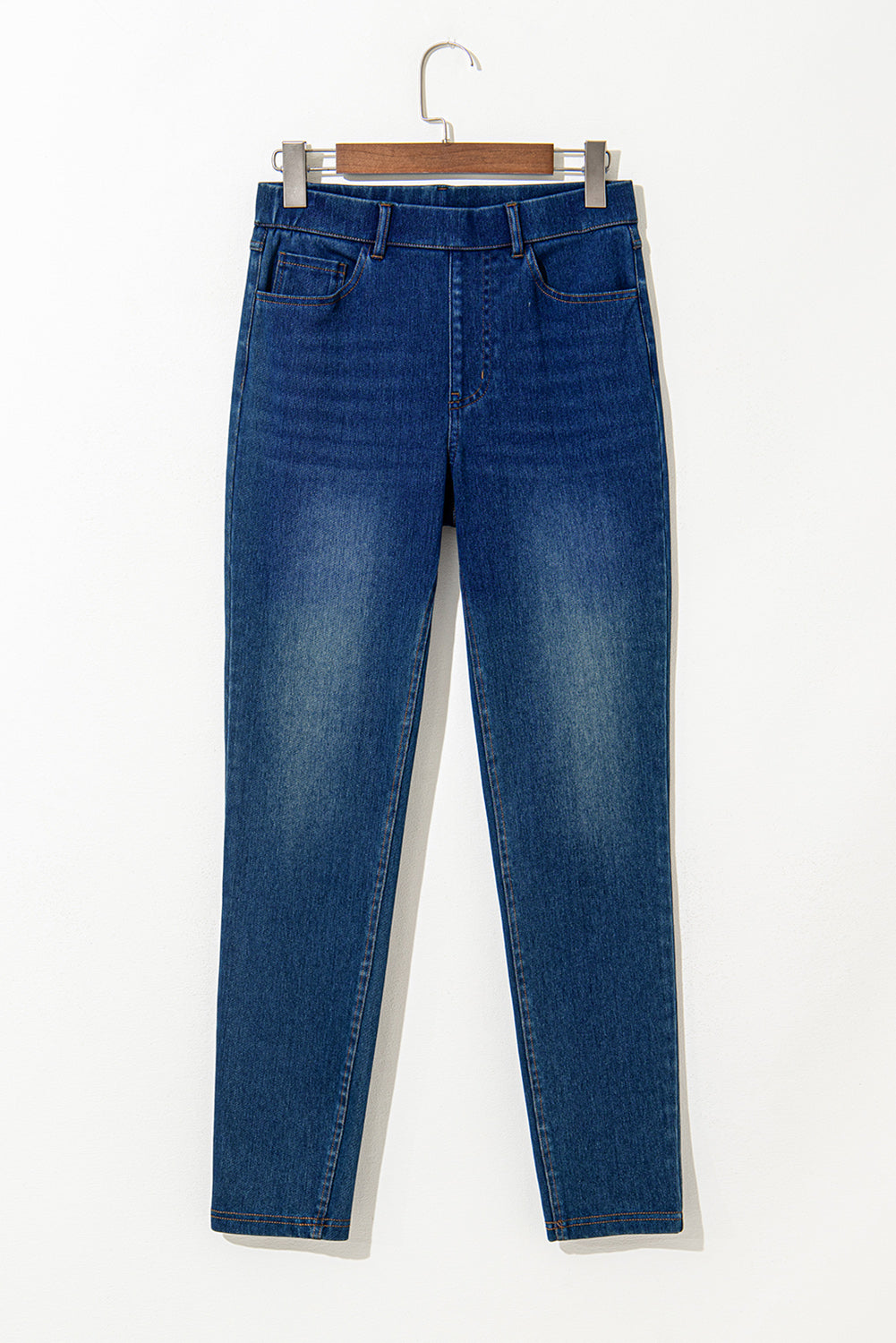 Multiple Pockets Straight Leg Washed Stretchy Knit Casual Jeans | Ashleigh Blue