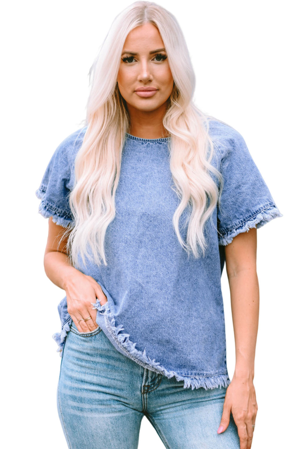 Raw Edge Denim Top | Sky Blue