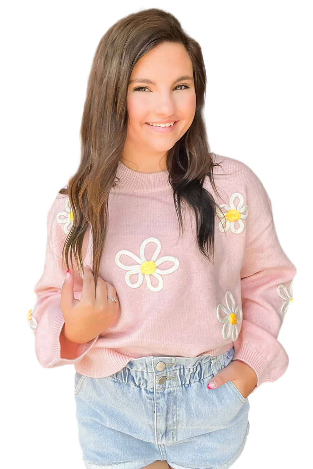 Chenille Daisy Stitching Crew Neck Sweater | Pink