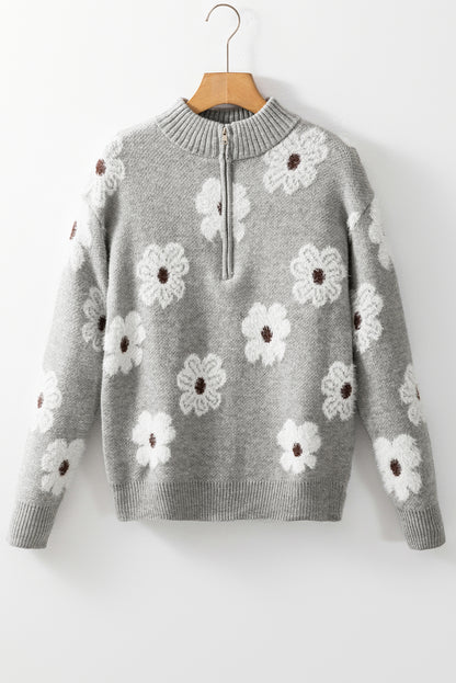 Floral Pattern Half Zip Drop Shoulder Sweater | Gray