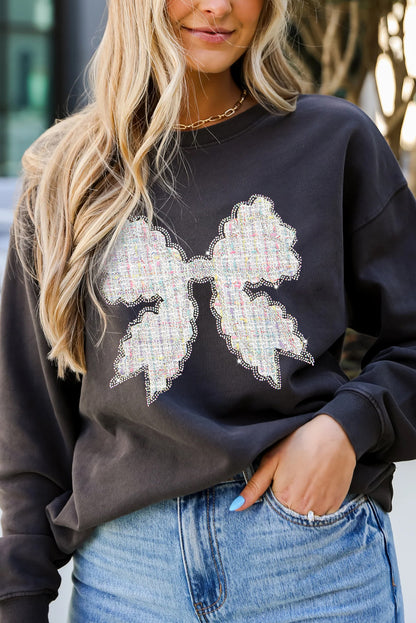 Rhinestone Decor Bowknot Graphic Pullover Sweatshirt | Black