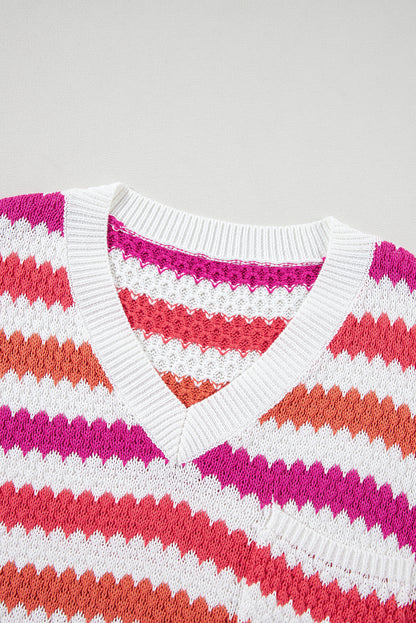 V Neck Drop Shoulder Plus Size Sweater | Pink Stripe