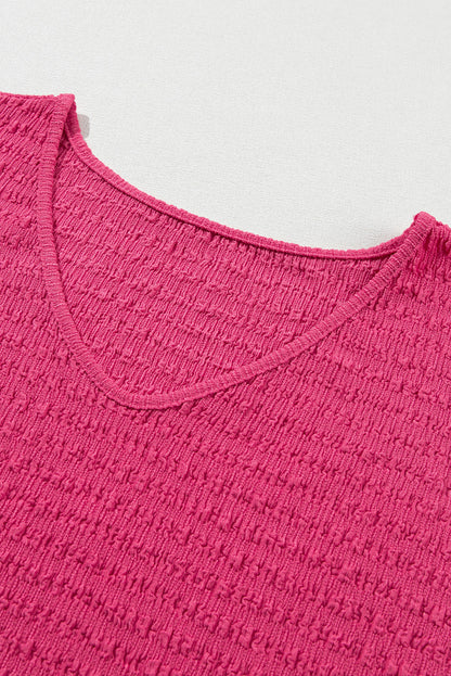 Textured Rolled Sleeve V Neck Tee | Bright Pink