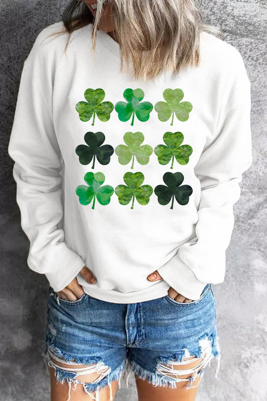 White St. Patrick's Day Clover Print Long Sleeve Sweatshirt