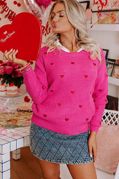 Heart Shape Drop Shoulder Round Neck Sweater | Rose Red