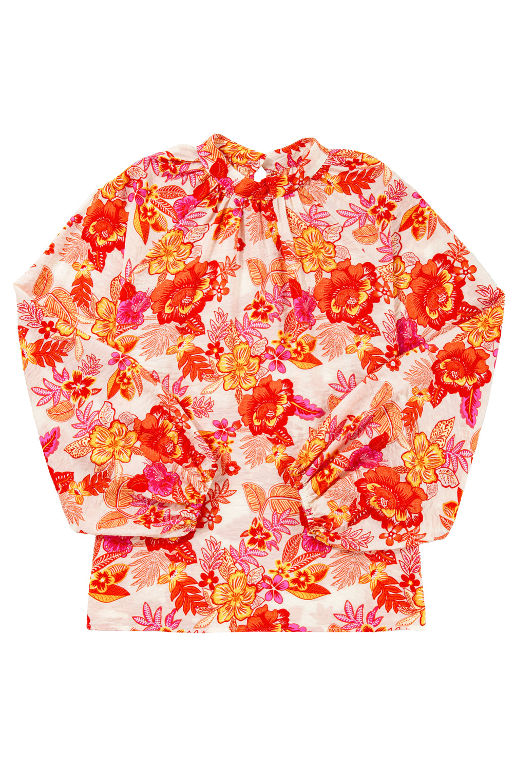 Floral Print Pearl Button Keyhole Long Puff Sleeve Blouse | Orange