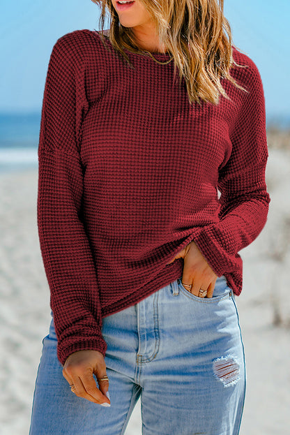 Fiery Red Waffle Knit Drop Shoulder Long Sleeve Top