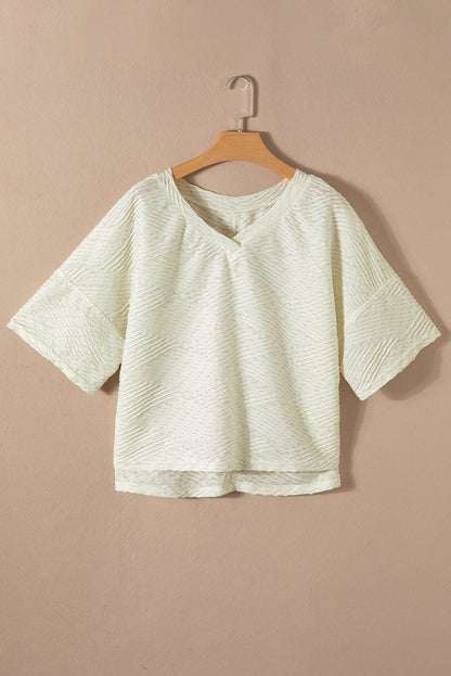 V Neck Textured Split Hem Oversized Top | Beige