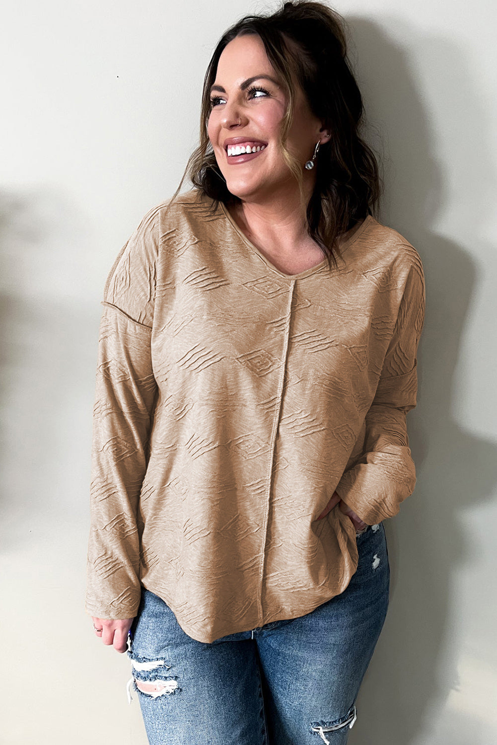 Plus Size Textured Drop Shoulder Exposed Seam Top | Khaki