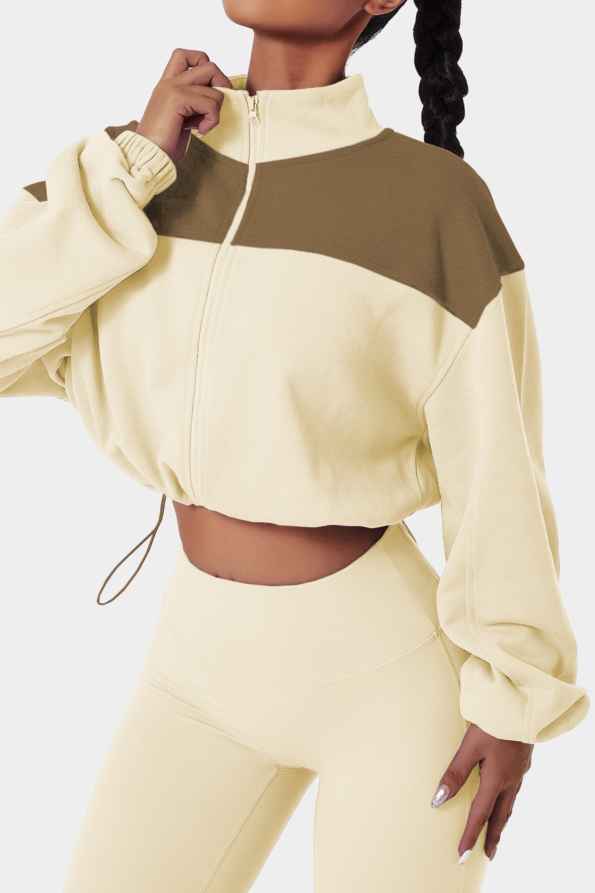 Colour Block Drawstring Cropped Athleisure Jacket | Beige