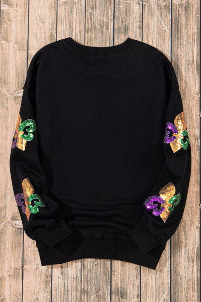 Sequin Mardi Gras Graphic Pullover Sweatshirt | Black