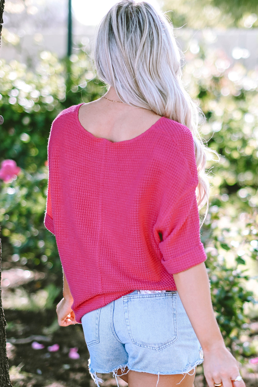 Textured Knit Split Neck Cuffed Short Sleeve Top | Strawberry Pink