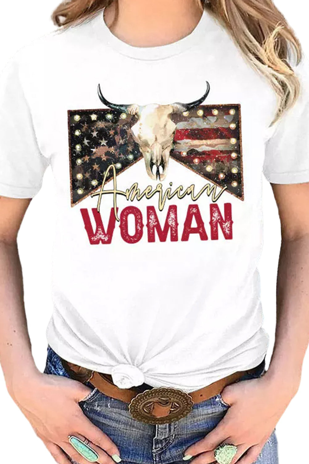 American Woman Bull Skull Graphic T Shirt | White