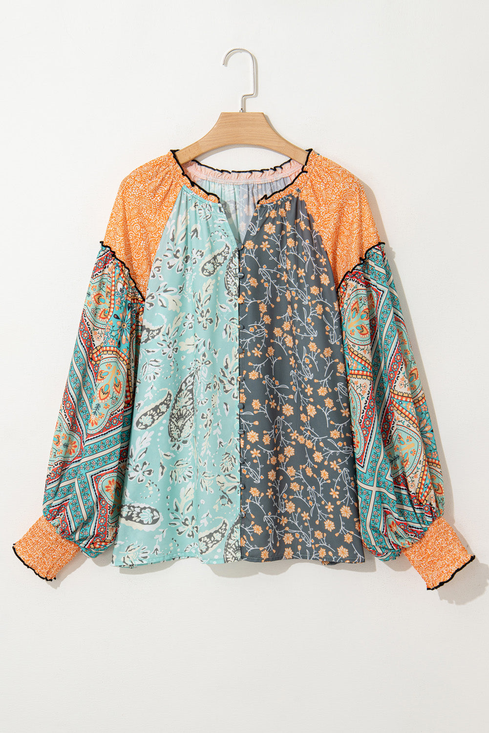 Floral Patchwork Lantern Sleeve Buttoned V Neck Plus Size Blouse | Green