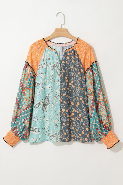 Floral Patchwork Lantern Sleeve Buttoned V Neck Plus Size Blouse | Green