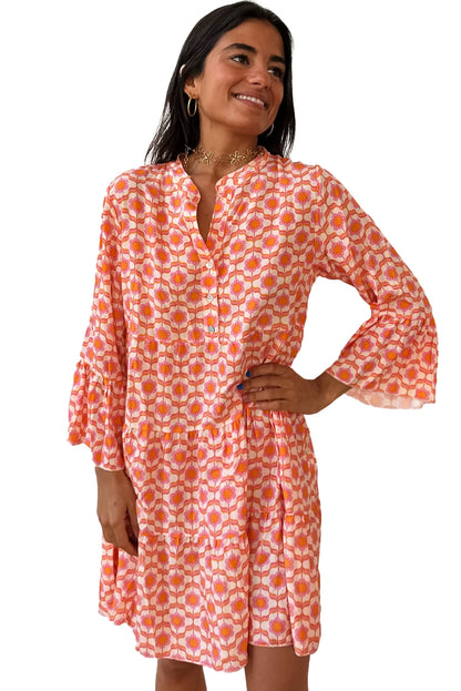 Floral Print Flounce Sleeve Buttoned Front Mini Dress | Orange