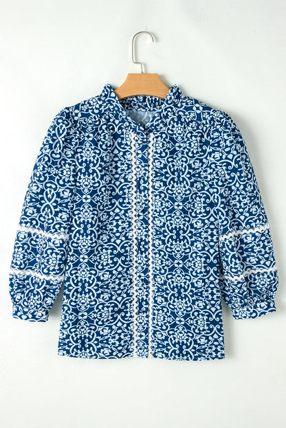 Floral Ric-Rac Patchwork Button Loose Fit Shirt | Blue