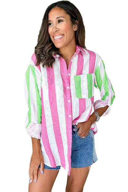 Colourblock Chest Pocket Button Up Shirt | Rose Stripe