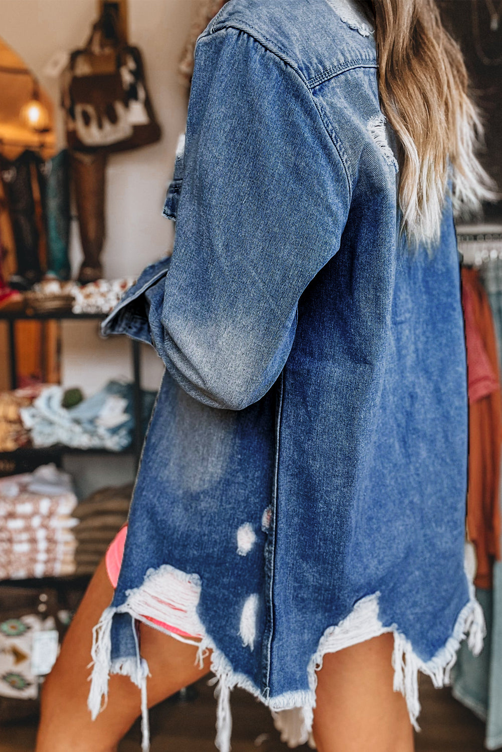 Light Wash Distressed Frayed Long Denim Jacket | Sky Blue