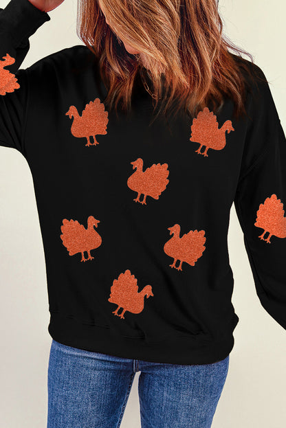 Glittering Turkey Graphic Drop Shoulder Thanksgiving Sweatshirt | Black