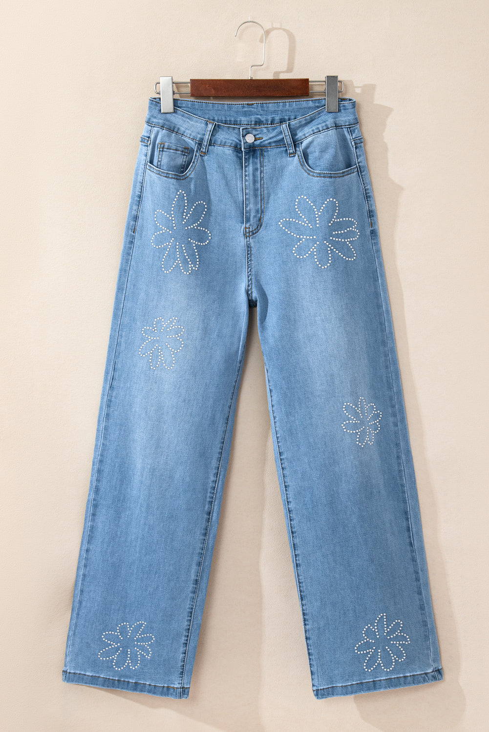 Floral Rhinestone Decor High Rise Wide Leg Jeans | Light Blue