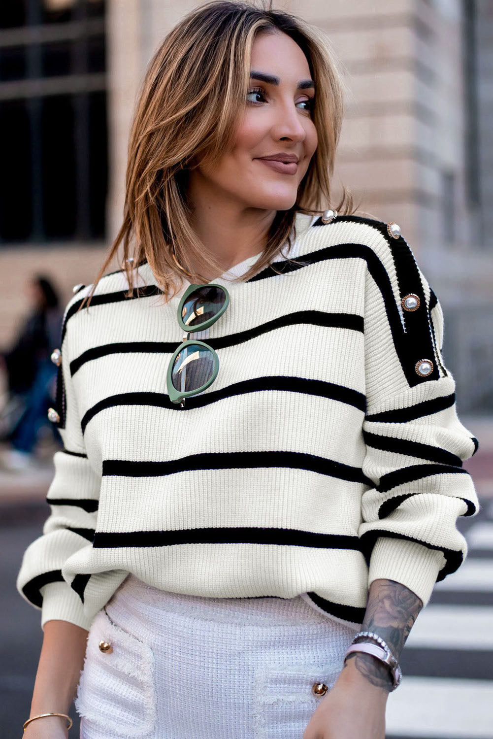 Buttoned Decor Sweater | Stripe