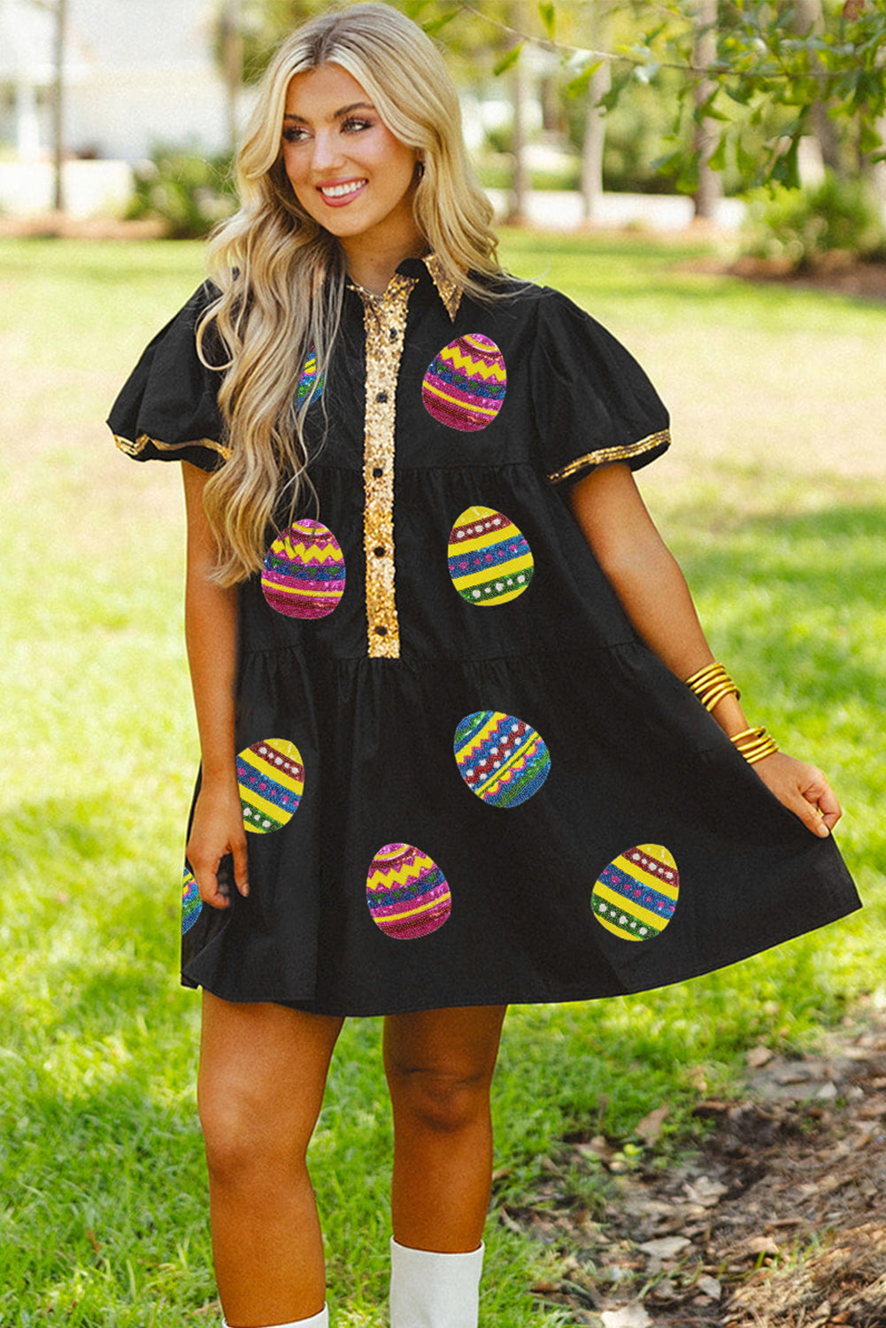 Glistening Easter Egg Sequin Trim Half Button Puff Sleeve Dress | Black