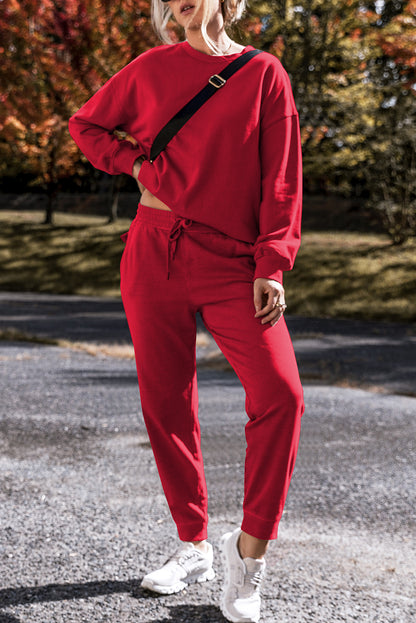 Solid Colour High Low Pullover And Skinny Pants Set | Racing Red