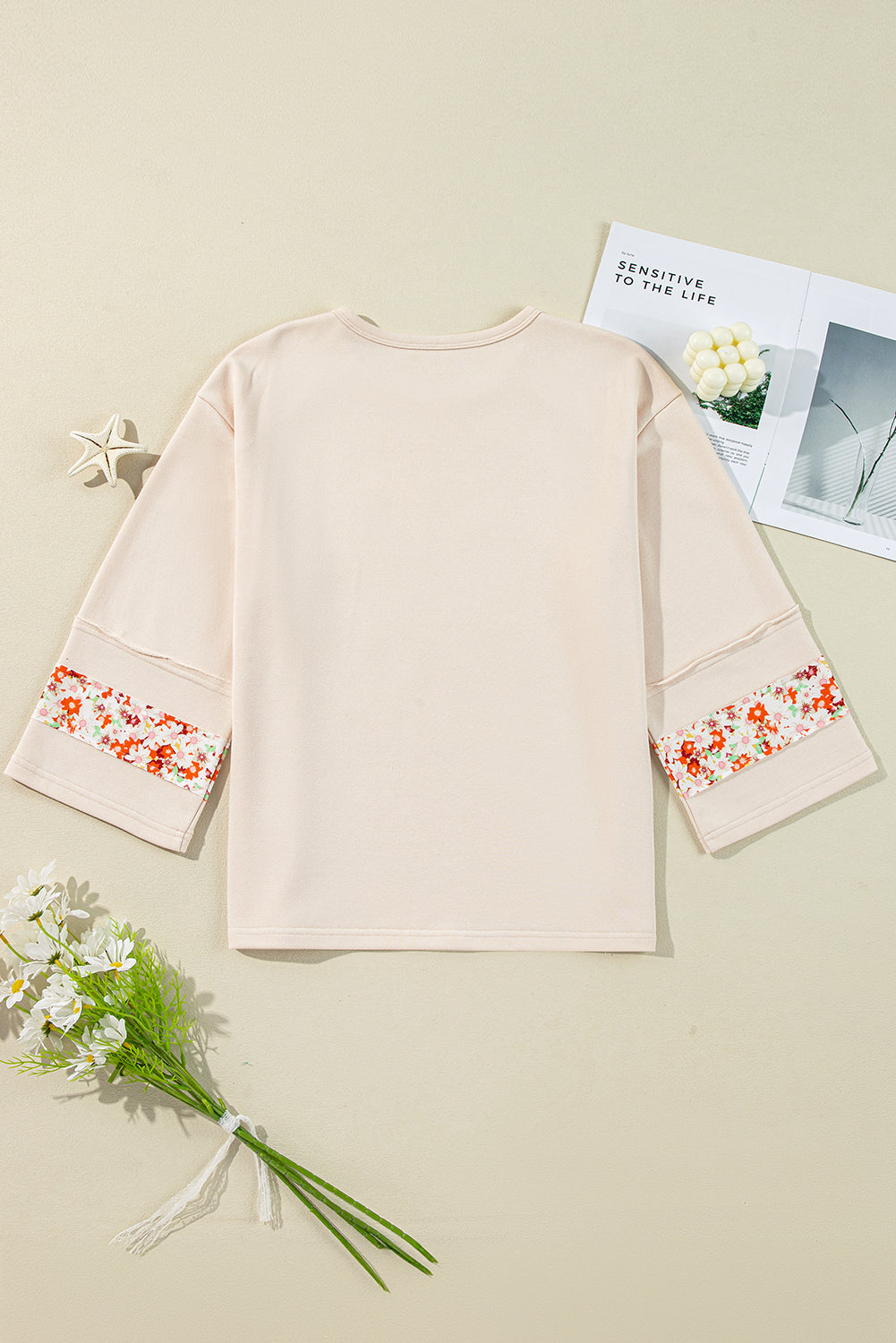 Flower Patch Graphic Exposed Seam Wide Sleeve Top | Beige