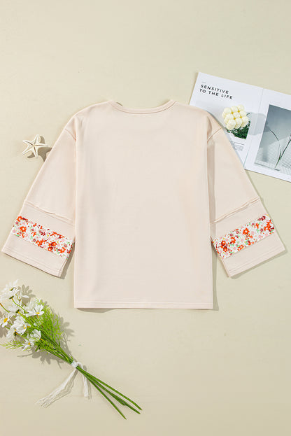 Flower Patch Graphic Exposed Seam Wide Sleeve Top | Beige