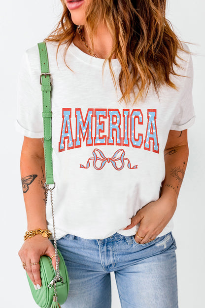 America Bow Knot Print Crew Neck Casual Tee | White