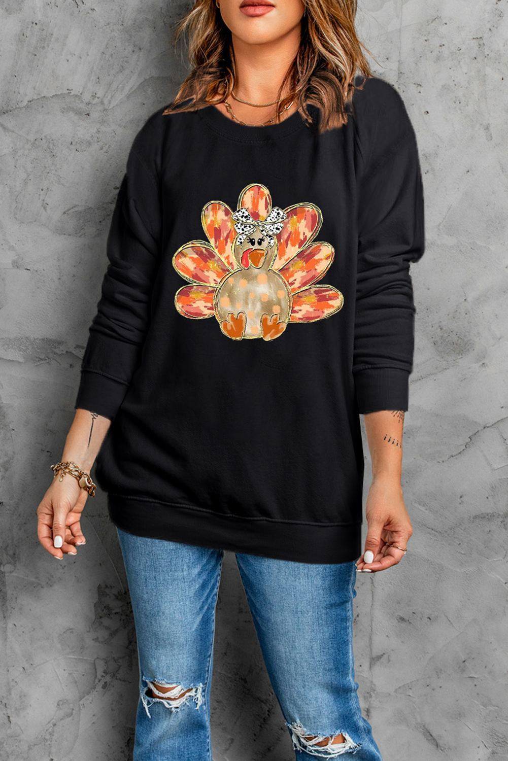 Thanksgiving Turkey Graphic Drop Shoulder Sweatshirt | Black