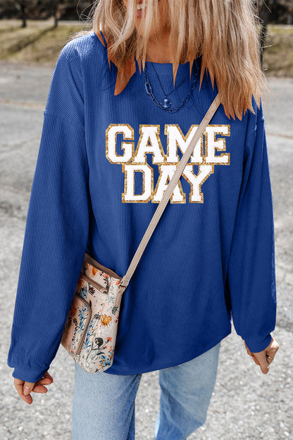 Game Day Glitter Detail Ribbed Drop Shoulder Sweatshirt | Dark Blue