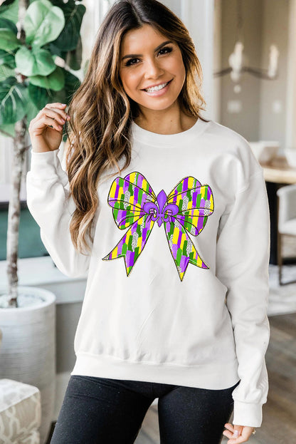 Mardi Gras Bowknot Graphic Pullover Sweatshirt | White