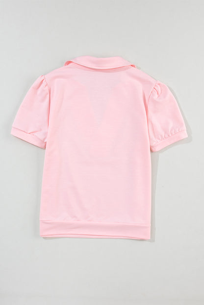 Collared V Neck Puff Sleeve T-Shirt | Pink