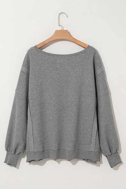 Waffle Knit Bishop Sleeve Split Oversized Top | Gray