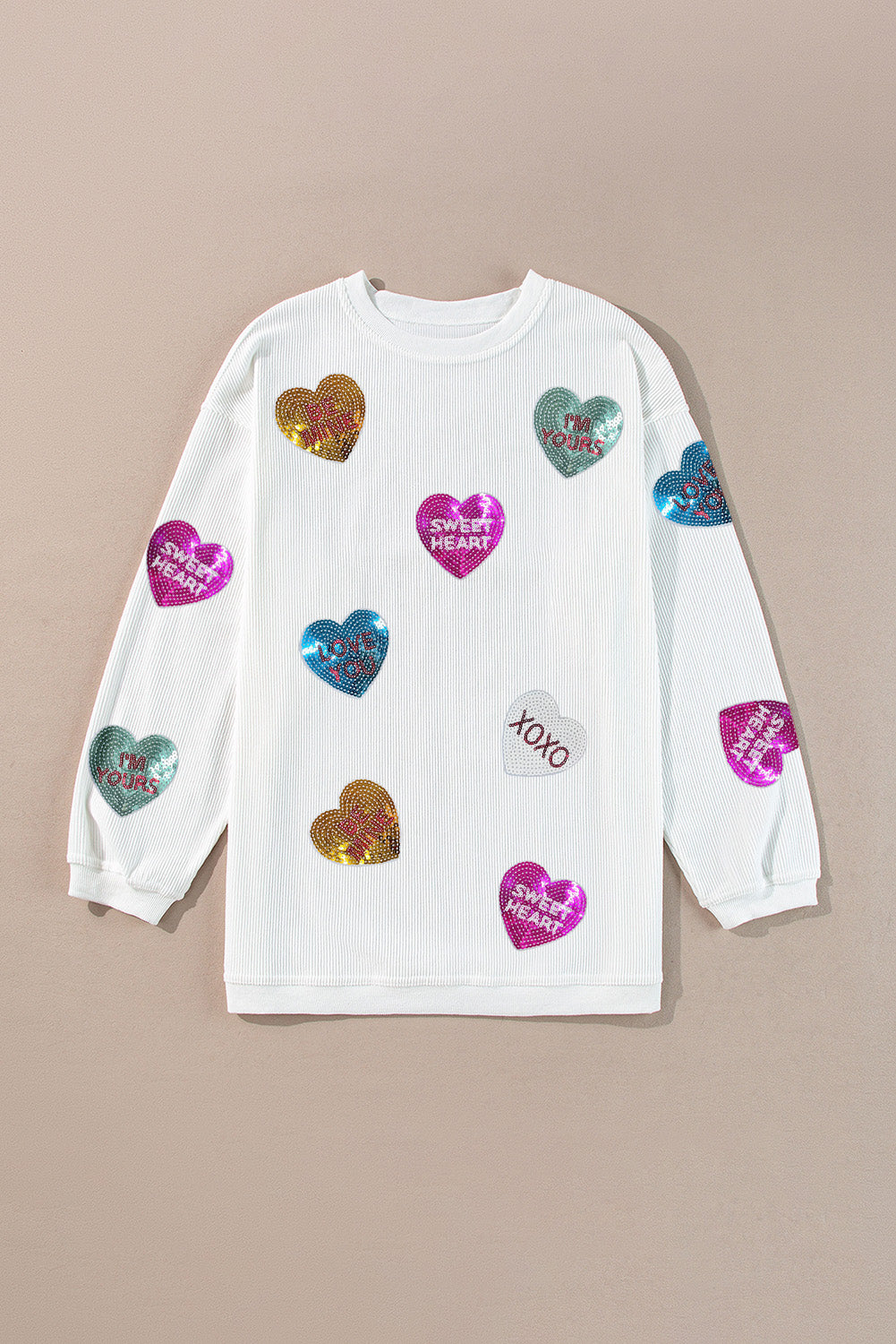 Valentines Slogan Heart Sequin Corded Baggy Sweatshirt | White