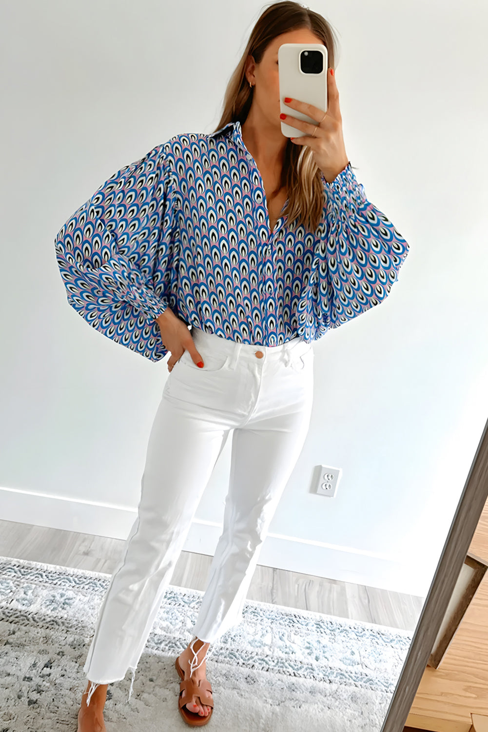 Abstract Print Shirred Cuff Buttoned Oversized Shirt | Sky Blue