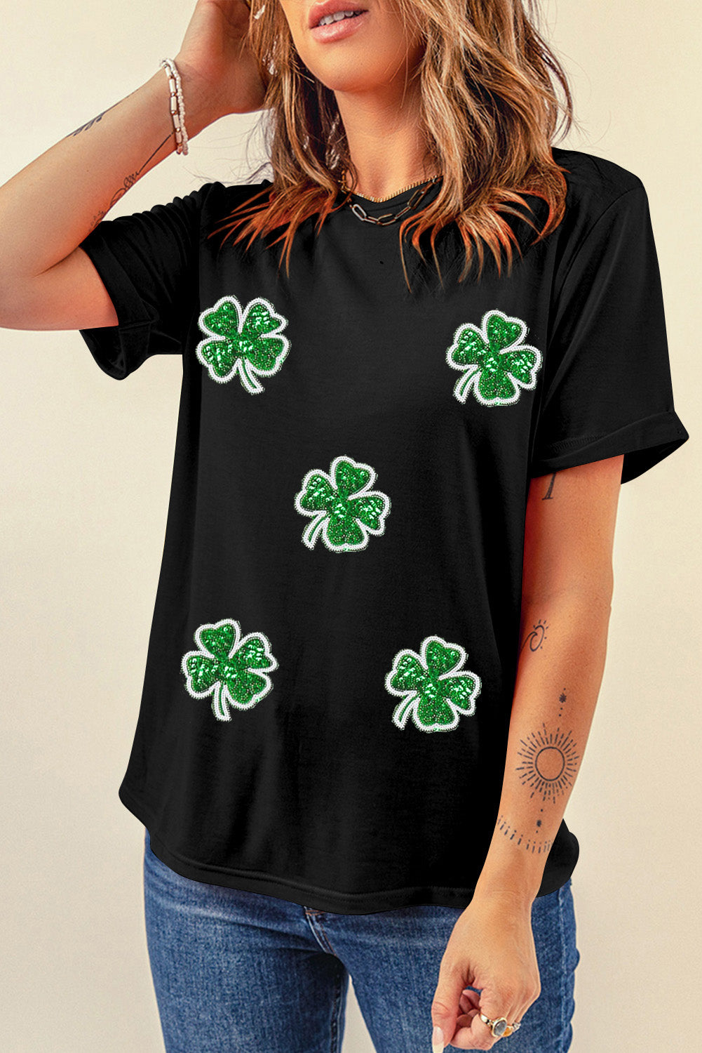 Four Leaf Clover Graphic St. Patricks Crewneck Tee | Black