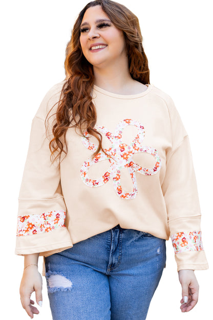 Plus Size Flower Patched Side Slits Crewneck Top | Beige