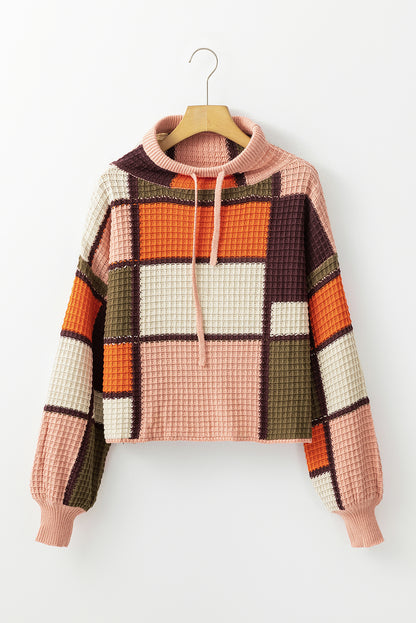 Colour Block Waffle Knit Drawstring Mock Neck Sweater | Orange