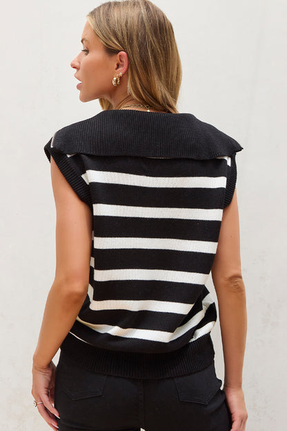 Zipped Collar Knit Sweater Tank | Black Stripe