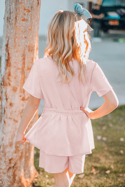 Keyhole Back Belted Peplum Girls Romper | Pink