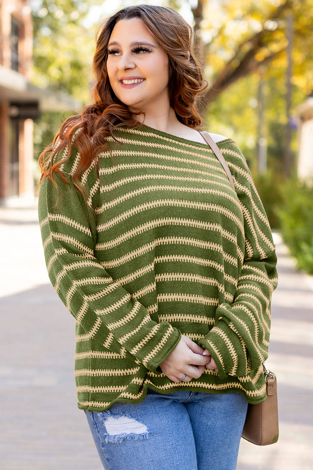 Drop Shoulder Casual Sweater | Green Stripe