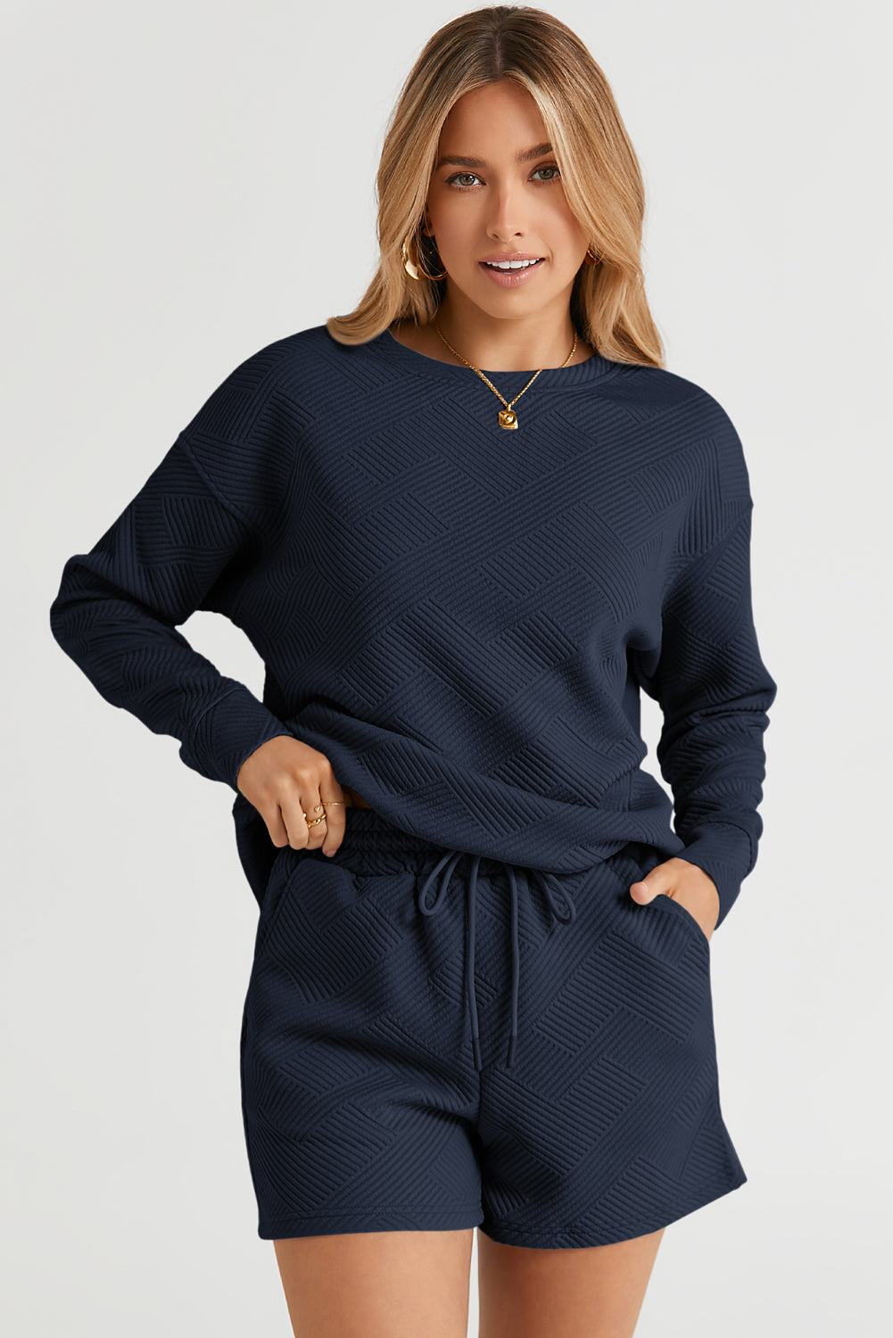 Textured Long Sleeve Top And Drawstring Shorts Set | Navy Blue